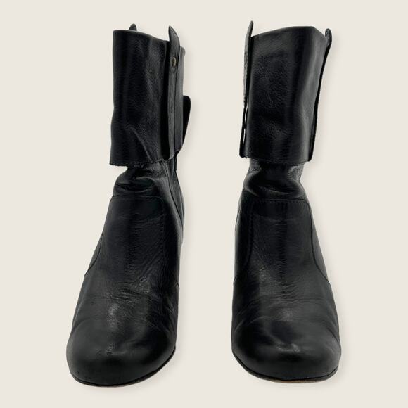 Dolce Vita Black Leather Bow Faux Fold Over 3" Stacked Heel Ankle Boots 6.5 - Picture 2 of 7